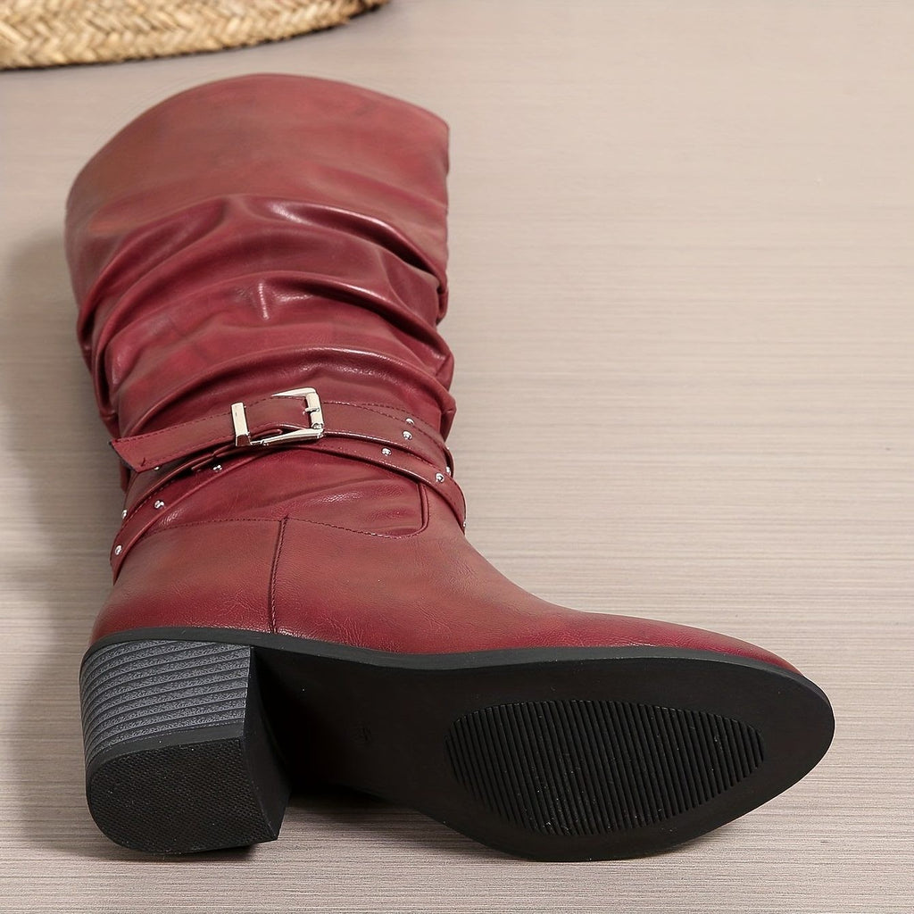 Women's Slouchy Black Knee High Boots with Block Heel