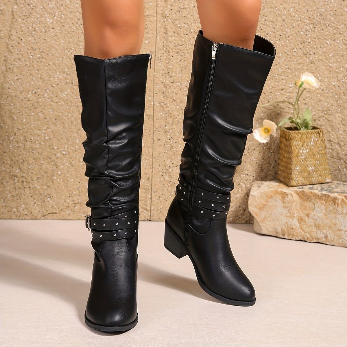 Women's Slouchy Black Knee High Boots with Block Heel