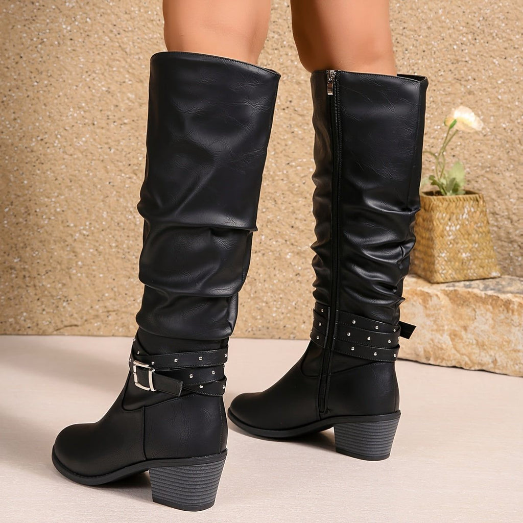 Women's Slouchy Black Knee High Boots with Block Heel