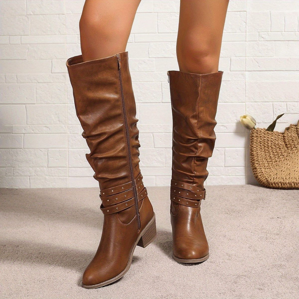 Women's Slouchy Black Knee High Boots with Block Heel