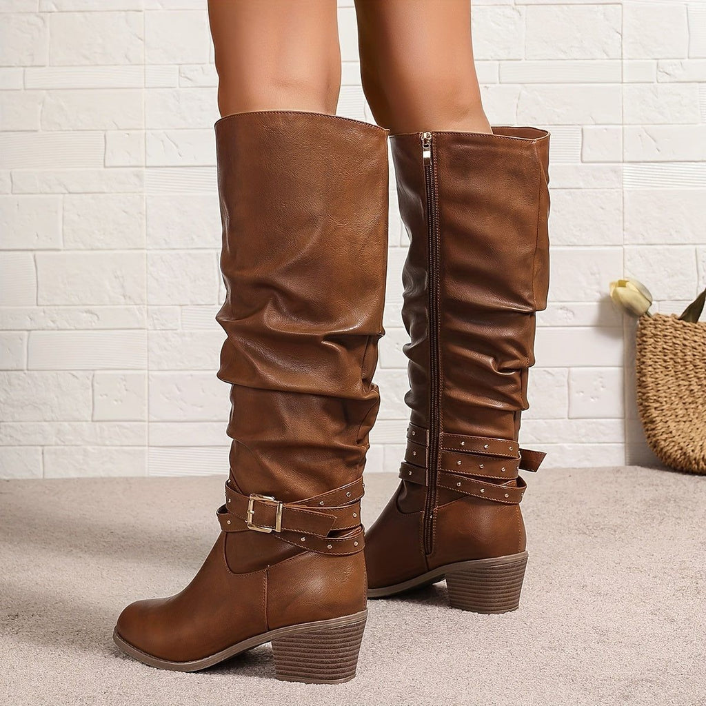 Women's Slouchy Black Knee High Boots with Block Heel