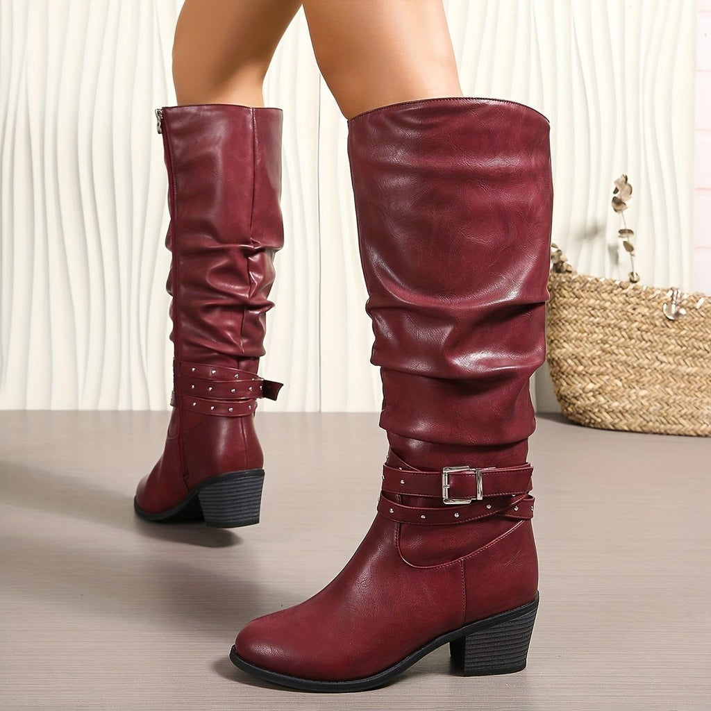 Women's Slouchy Black Knee High Boots with Block Heel