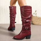 Women's Slouchy Black Knee High Boots with Block Heel