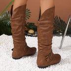 Women's Slouchy Flat Knee High Boots with Buckle Strap