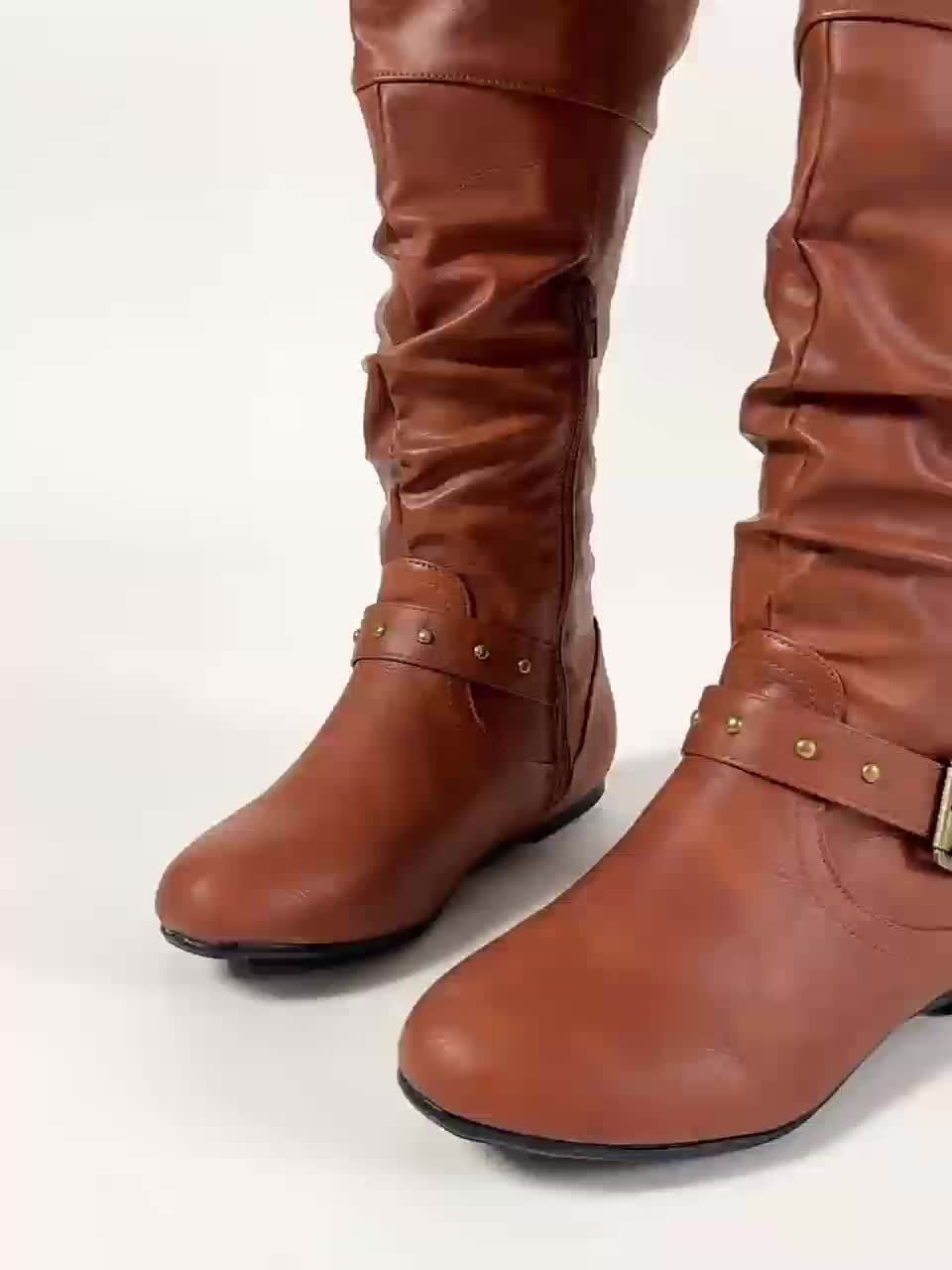 Women's Slouchy Flat Knee High Boots with Buckle Strap