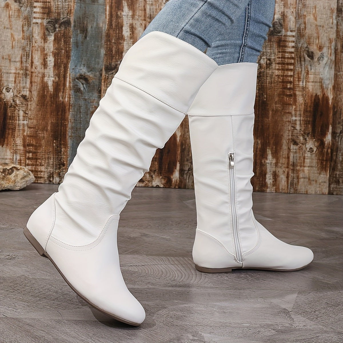Women's Slouchy Flat Knee High Boots with Buckle Strap