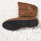 Women's Slouchy Flat Knee High Boots with Buckle Strap