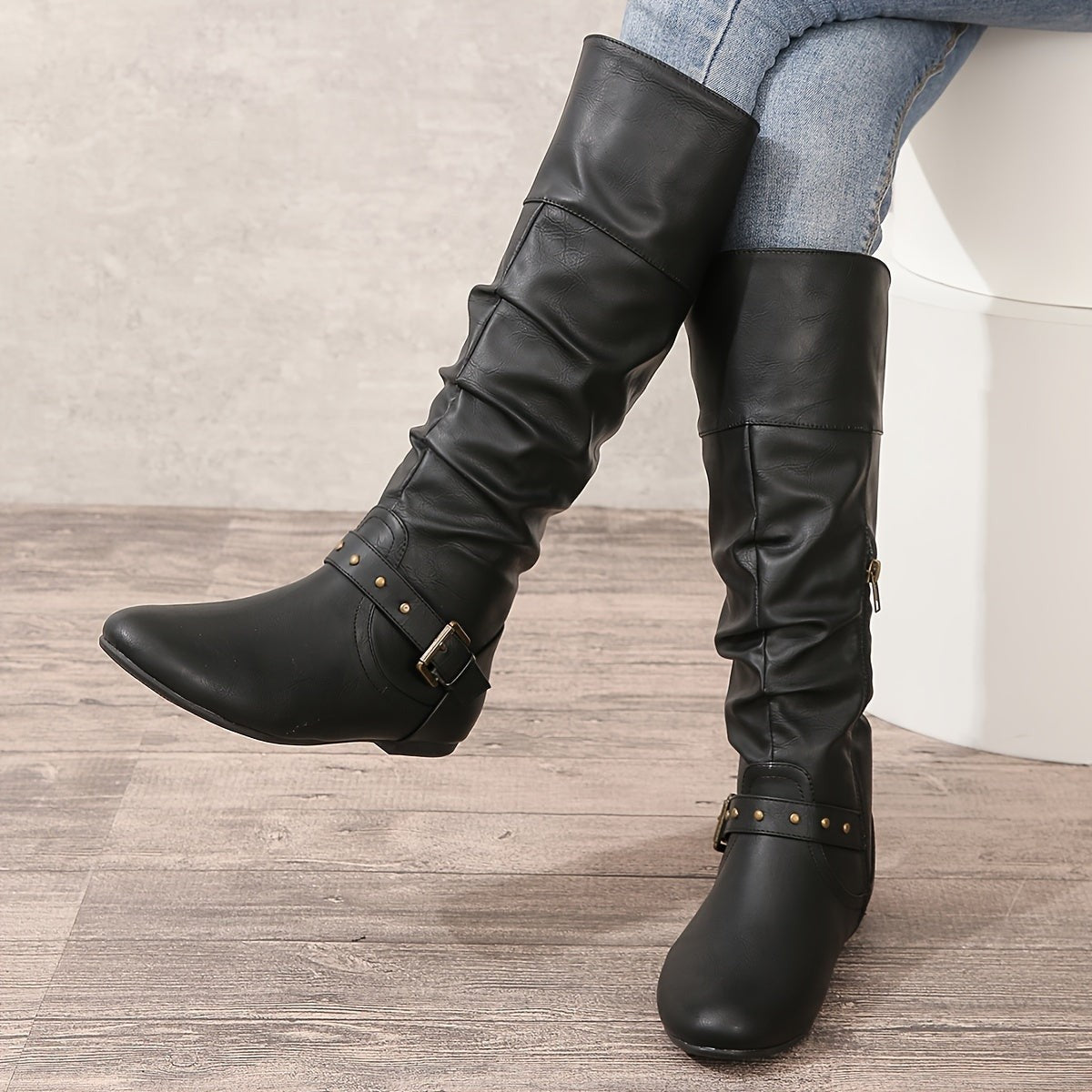 Women's Slouchy Flat Knee High Boots with Buckle Strap