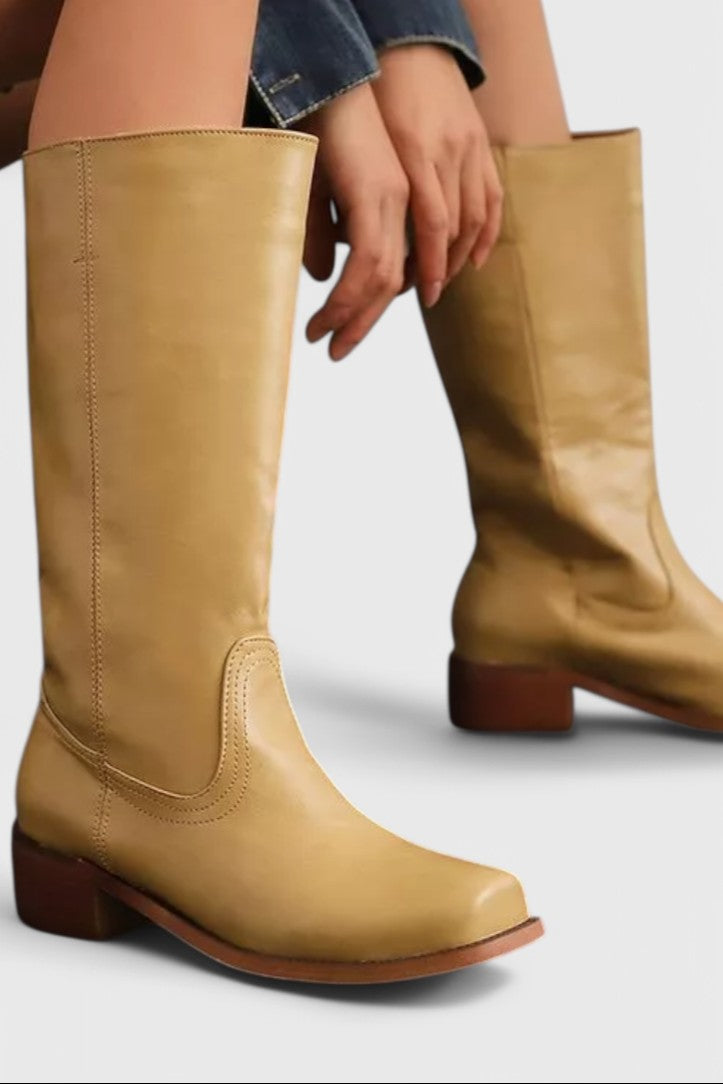 Women's Smooth Leather Block Heel Knee High Boots