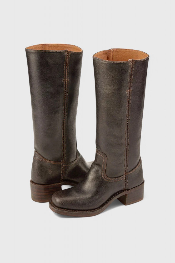 Women's Smooth Leather Block Heel Knee High Boots