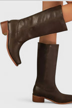 Women's Smooth Leather Block Heel Knee High Boots