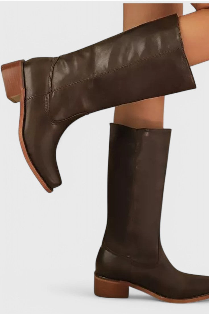 Women's Smooth Leather Block Heel Knee High Boots