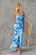 Women's Strapless Floral Maxi Wedding Guest Dress