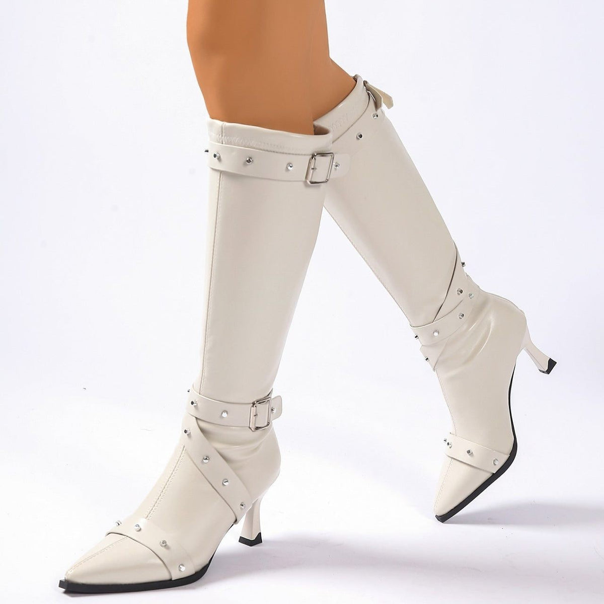 Women's Studded Heeled Knee High Boots with Pointed Toe