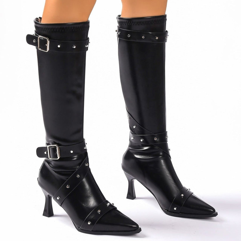 Women's Studded Heeled Knee High Boots with Pointed Toe