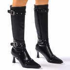 Women's Studded Heeled Knee High Boots with Pointed Toe