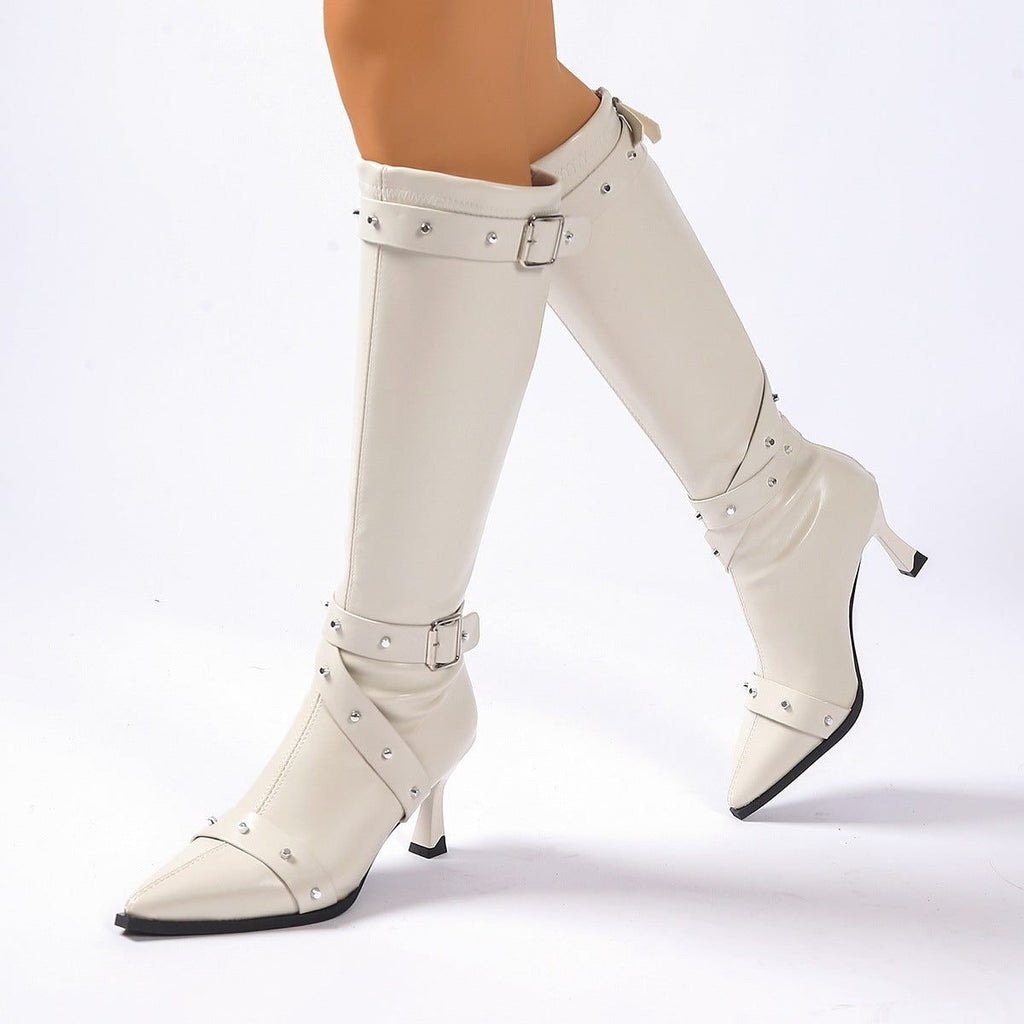 Women's Studded Heeled Knee High Boots with Pointed Toe