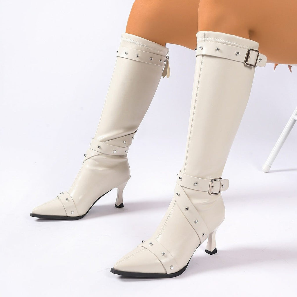 Women's Studded Heeled Knee High Boots with Pointed Toe