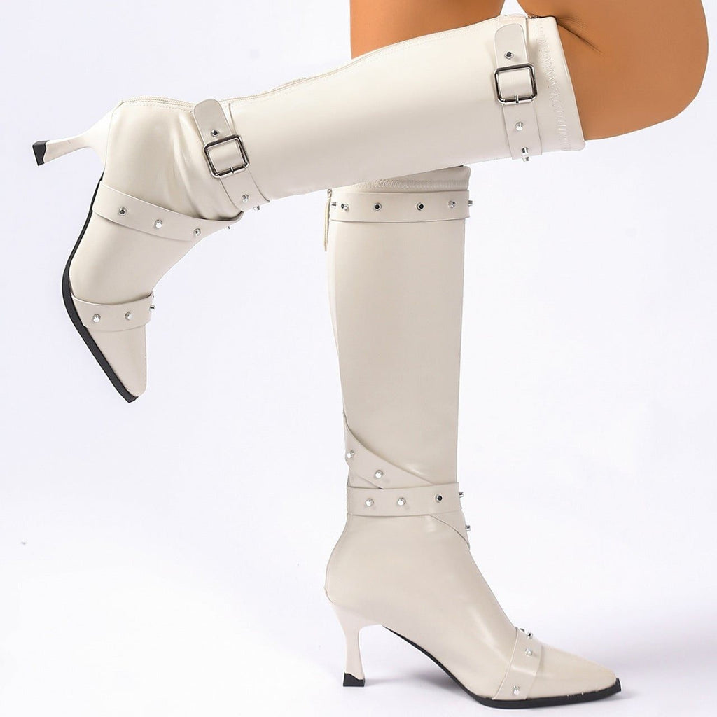 Women's Studded Heeled Knee High Boots with Pointed Toe
