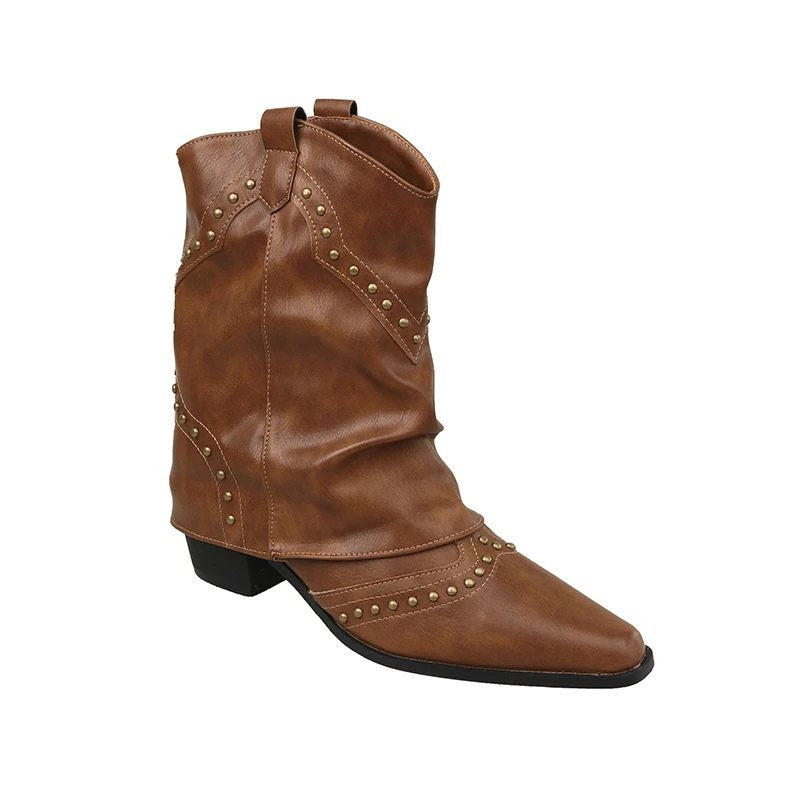 Women's Studded Western Ankle Boots with Chunky Heel