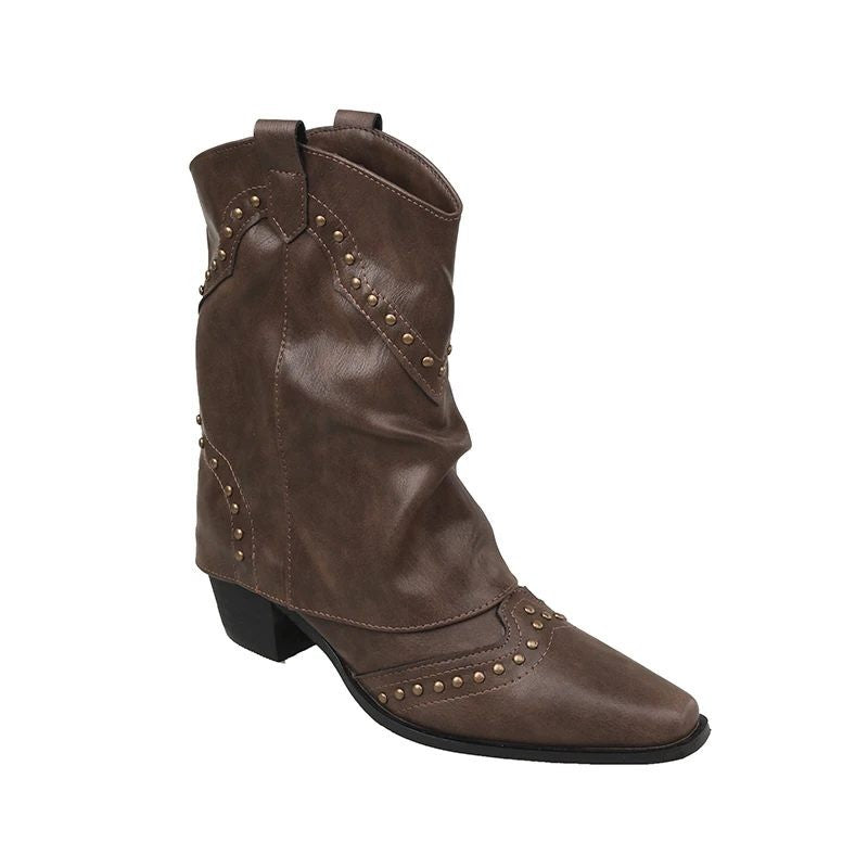 Women's Studded Western Ankle Boots with Chunky Heel