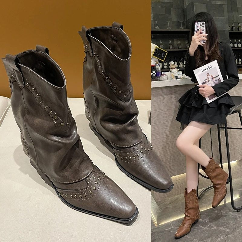 Women's Studded Western Ankle Boots with Chunky Heel