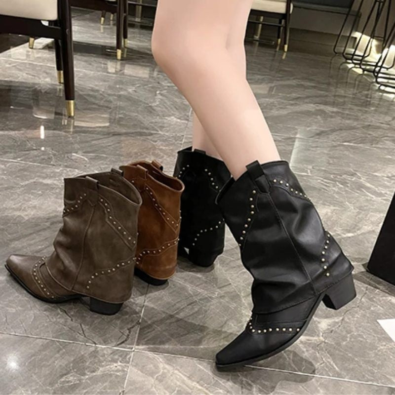 Women's Studded Western Ankle Boots with Chunky Heel