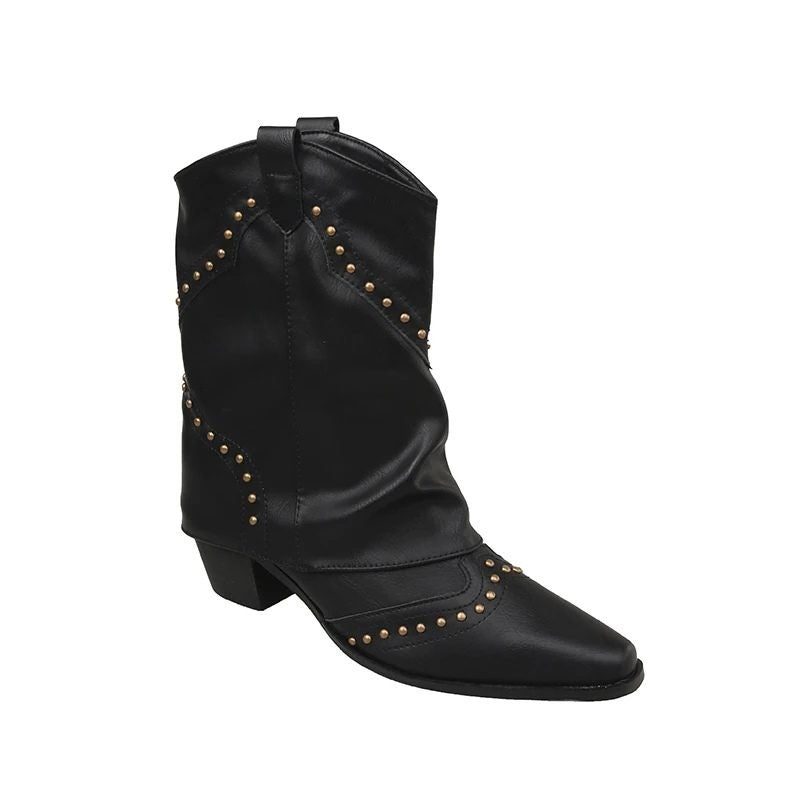 Women's Studded Western Ankle Boots with Chunky Heel