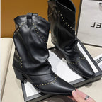 Women's Studded Western Ankle Boots with Chunky Heel