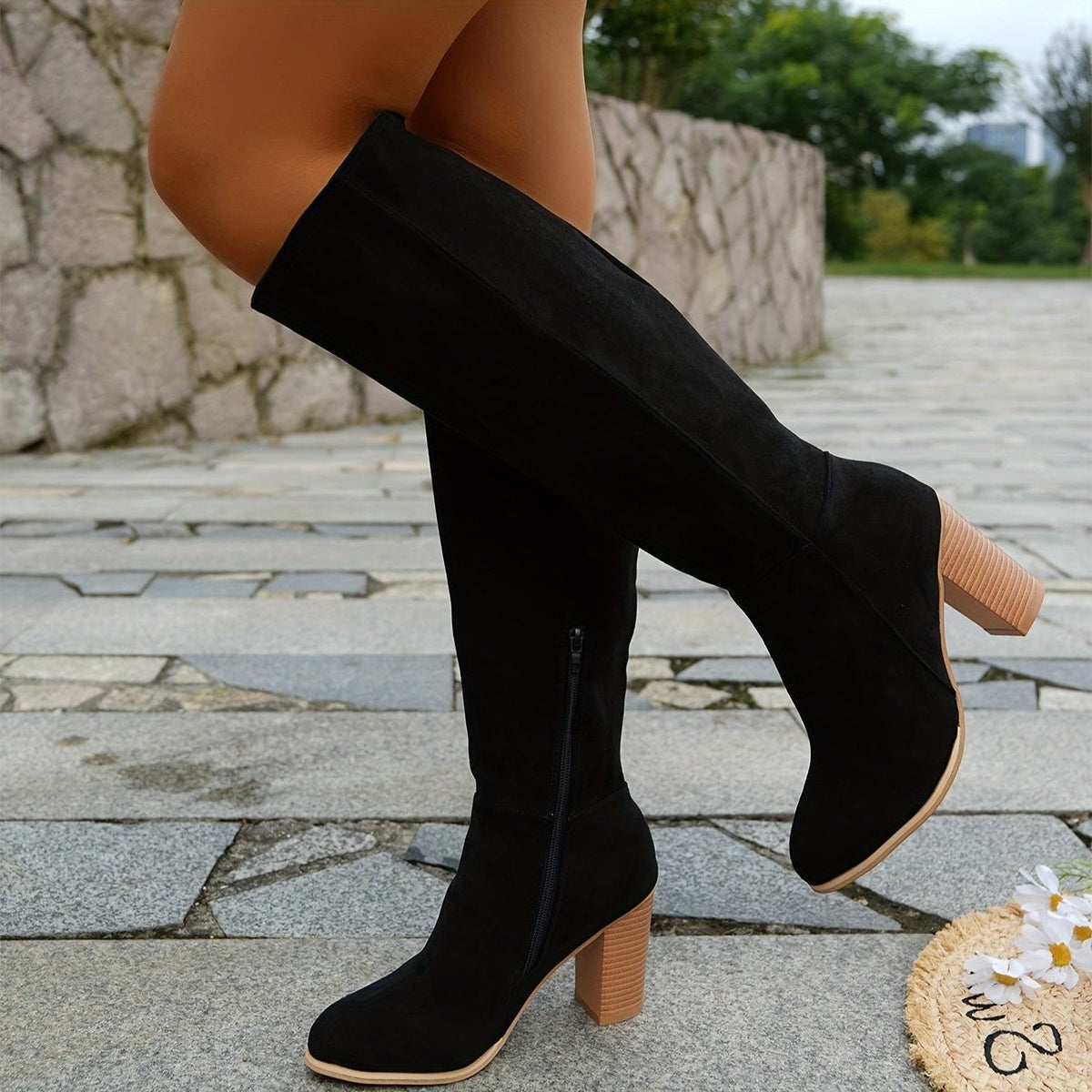 Women's Suede Cowboy Knee High Boots with Block Heel