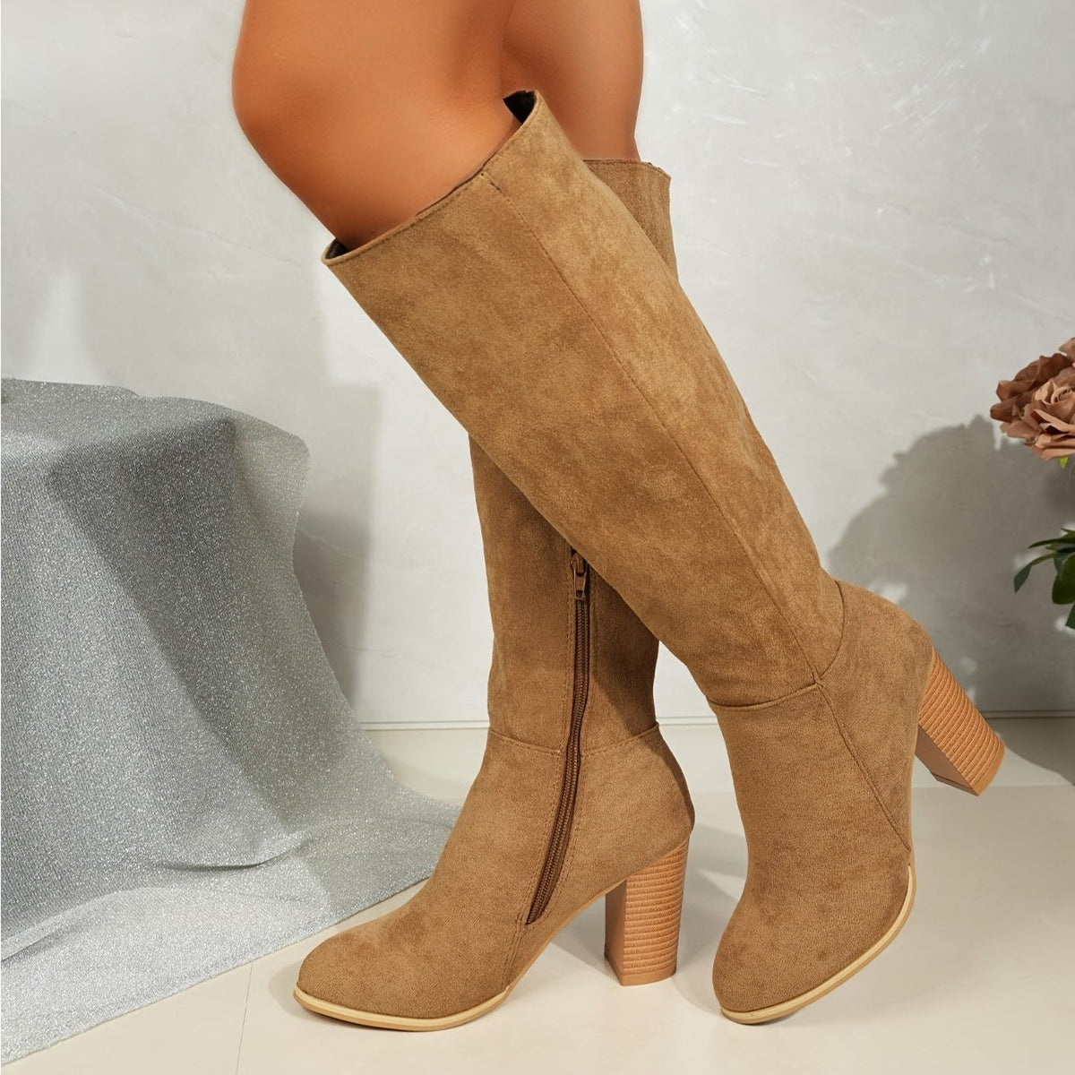 Women's Suede Cowboy Knee High Boots with Block Heel