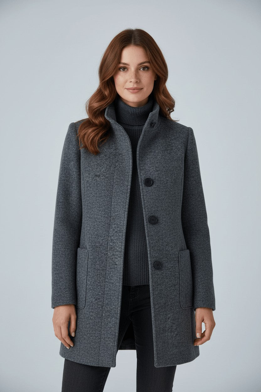 Women's Tailored Wool Coat with Stand Collar