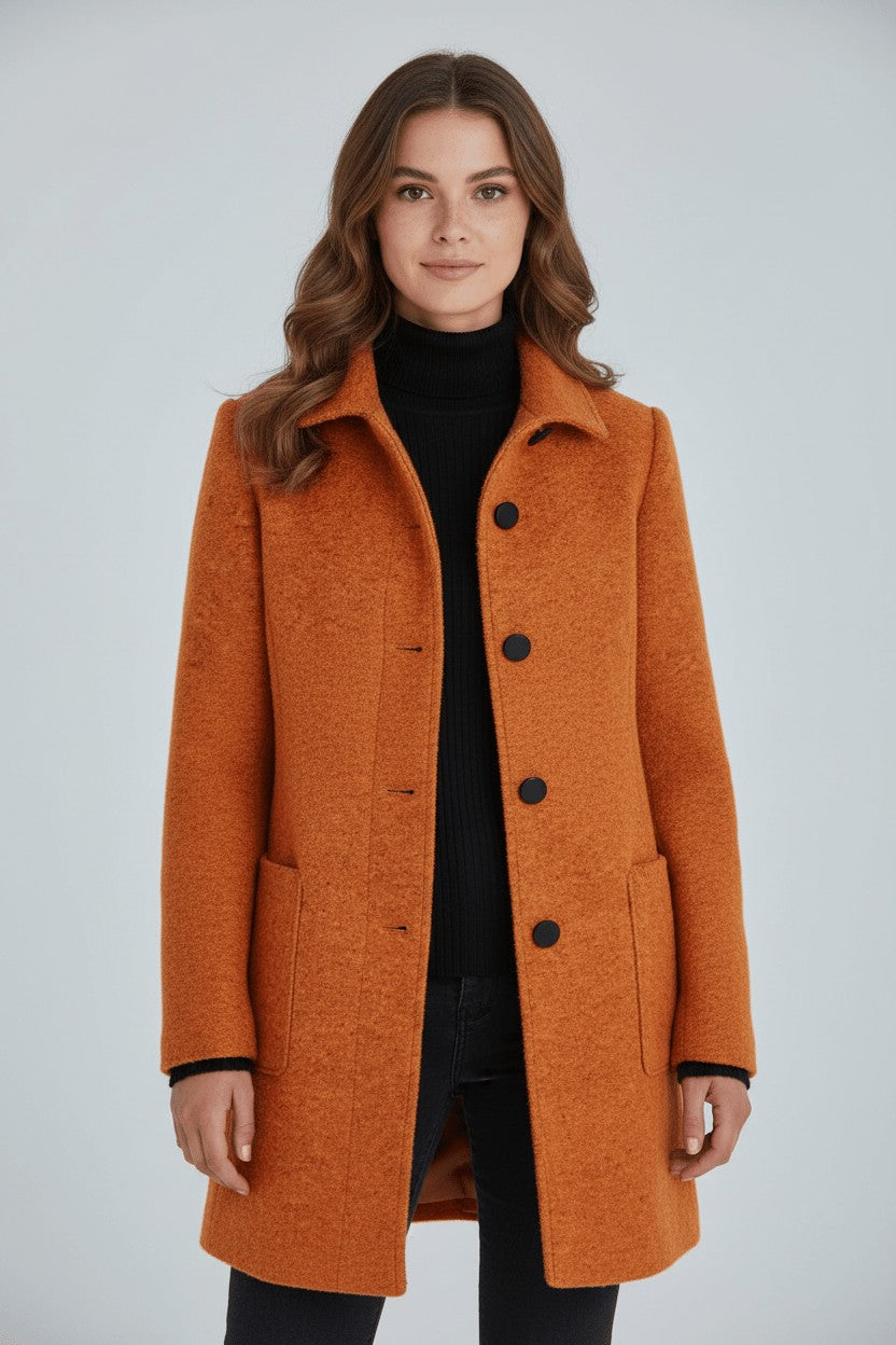 Women's Tailored Wool Coat with Stand Collar
