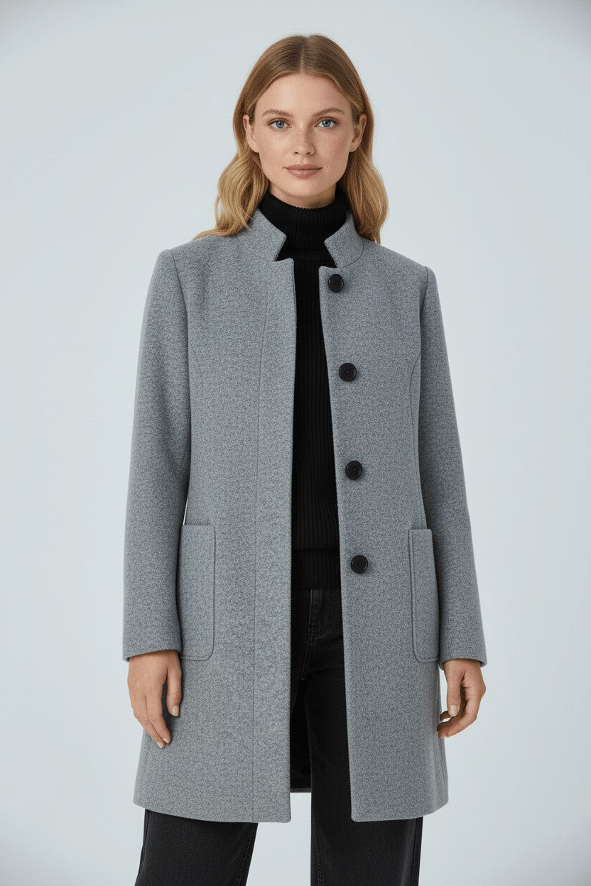 Women's Tailored Wool Coat with Stand Collar