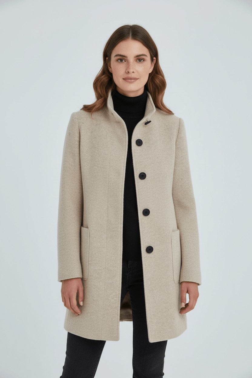 Women's Tailored Wool Coat with Stand Collar