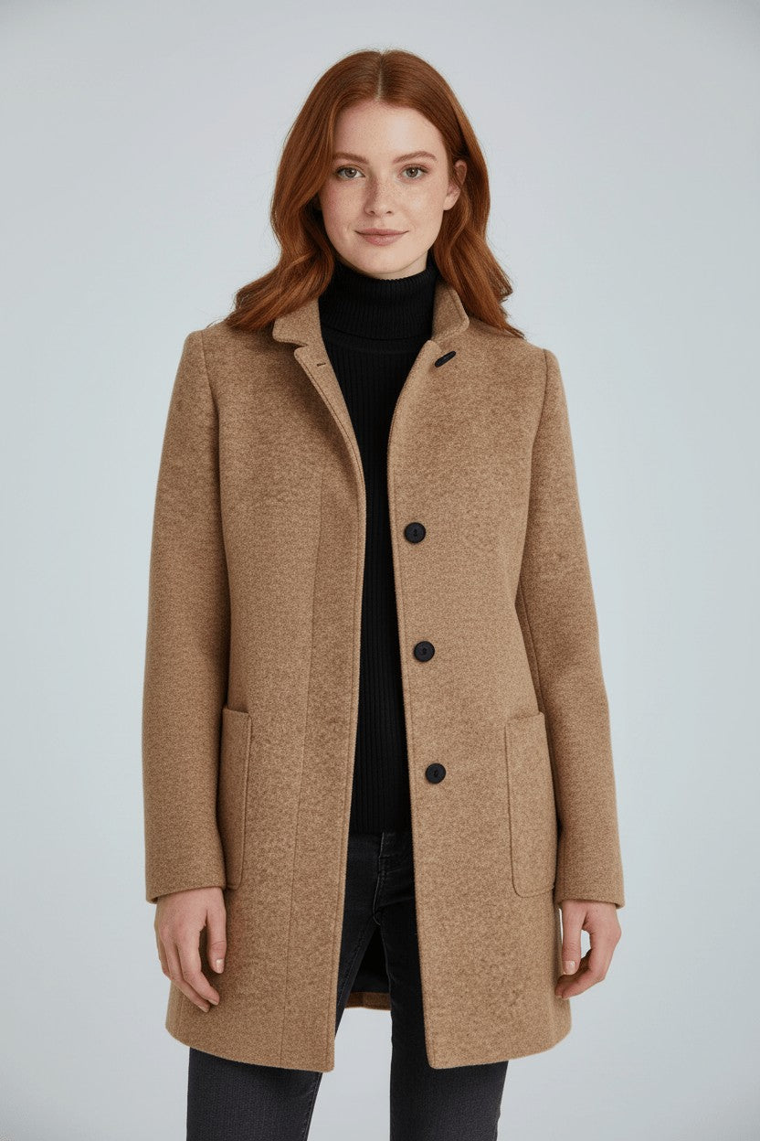 Women's Tailored Wool Coat with Stand Collar