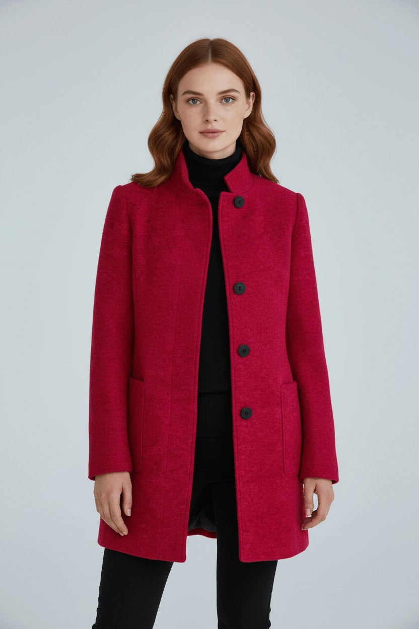 Women's Tailored Wool Coat with Stand Collar