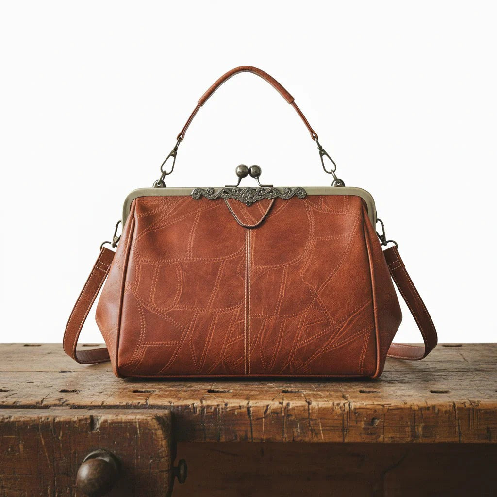 Women's Vintage Crossbody Bag with Kiss-Lock Closure