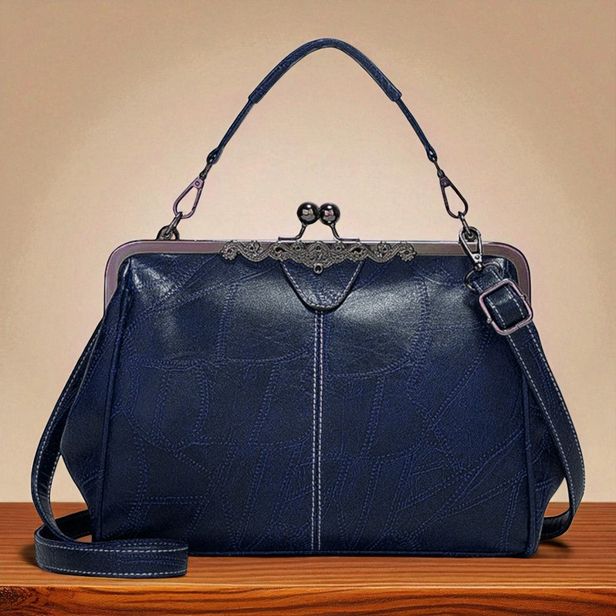 Women's Vintage Crossbody Bag with Kiss-Lock Closure