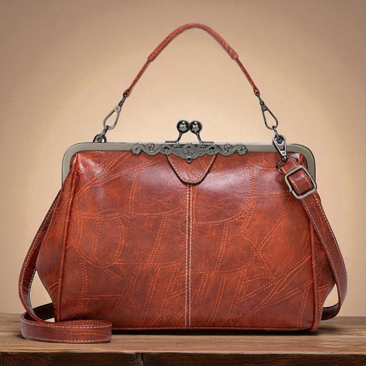 Women's Vintage Crossbody Bag with Kiss-Lock Closure