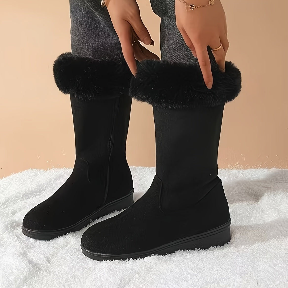 Womens Winter Boots with Cuff and Anti-Slip Flat Sole