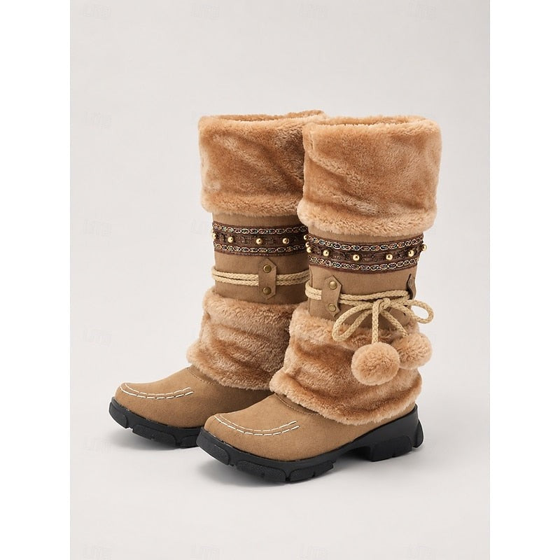 Women's Winter Boots with Fur-Look Cuff and Pom-Poms