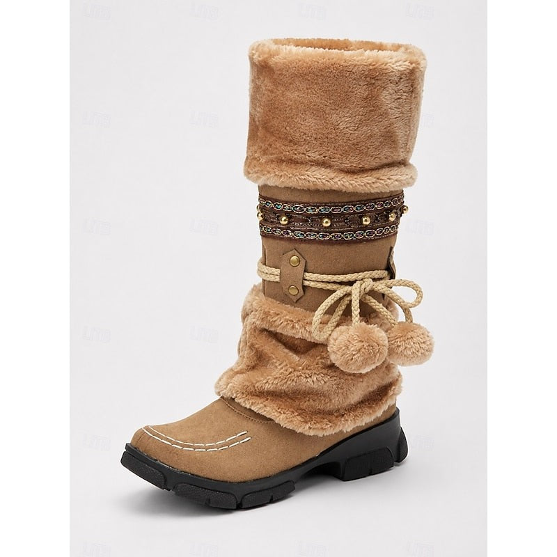 Women's Winter Boots with Fur-Look Cuff and Pom-Poms