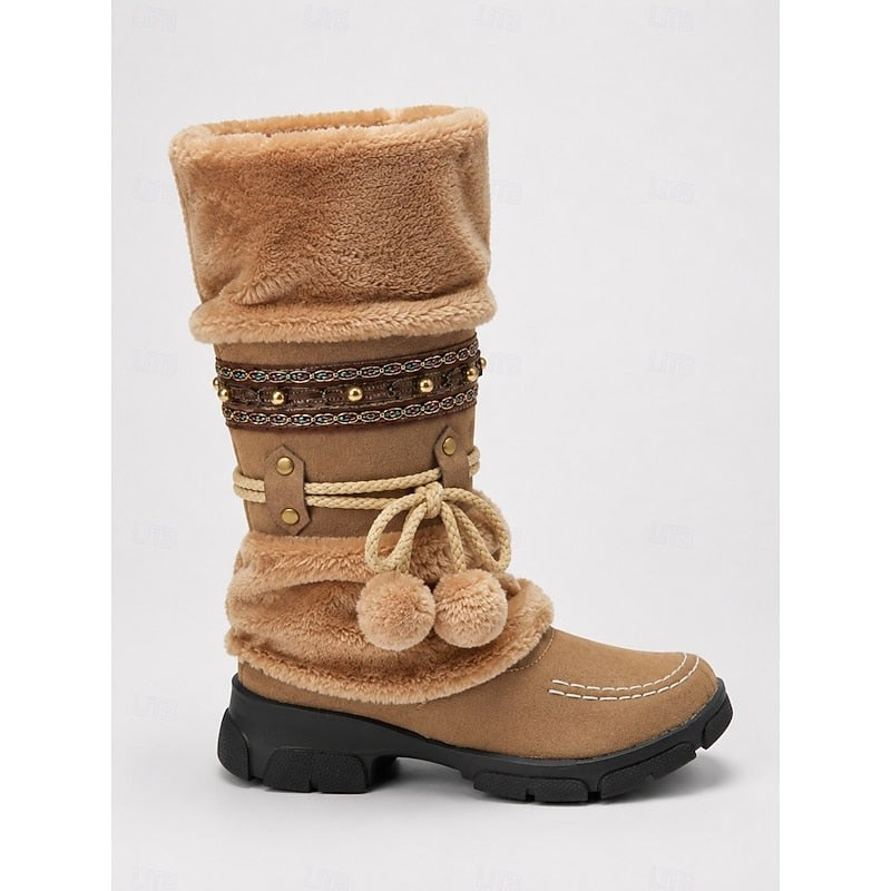 Women's Winter Boots with Fur-Look Cuff and Pom-Poms