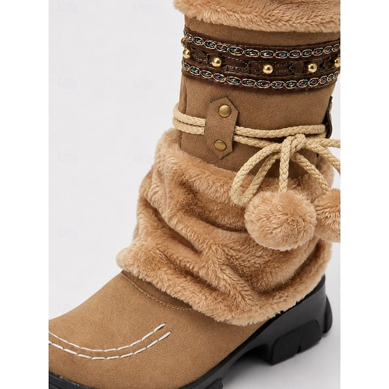 Women's Winter Boots with Fur-Look Cuff and Pom-Poms