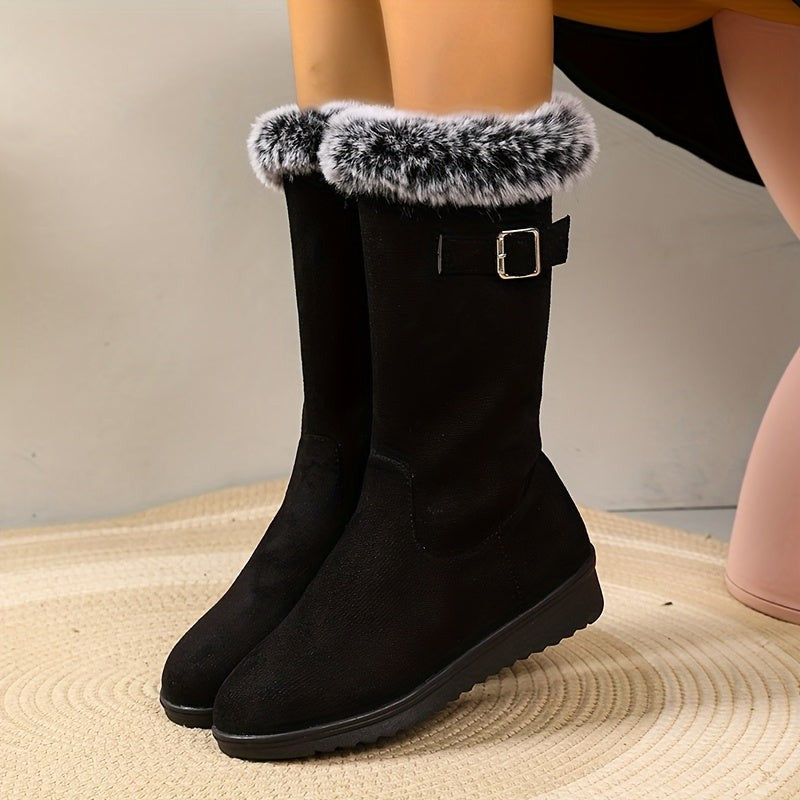 Women's Winter Boots with Fur Trim and Buckle Detail