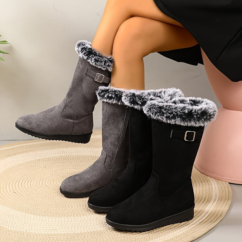 Women's Winter Boots with Fur Trim and Buckle Detail