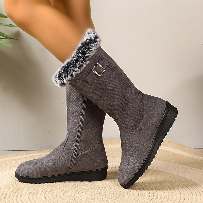 Women's Winter Boots with Fur Trim and Buckle Detail