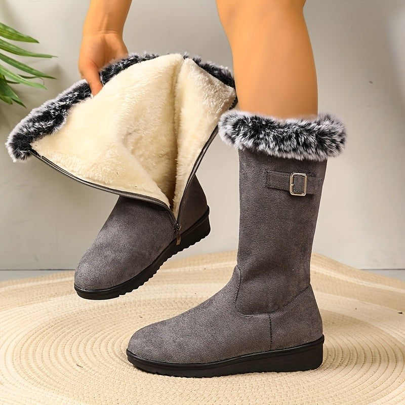 Women's Winter Boots with Fur Trim and Buckle Detail