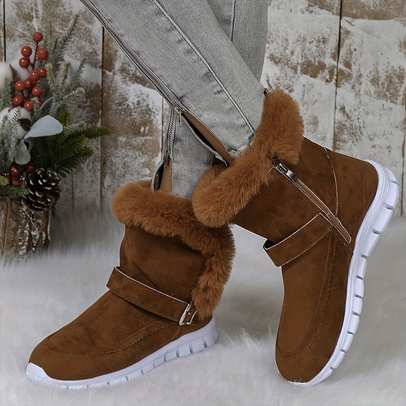 Women's Winter Boots with Plush Trim and Buckle Detail